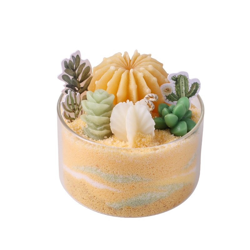 Handmade Cactus Scented Candle – Succulent Sand Art Design